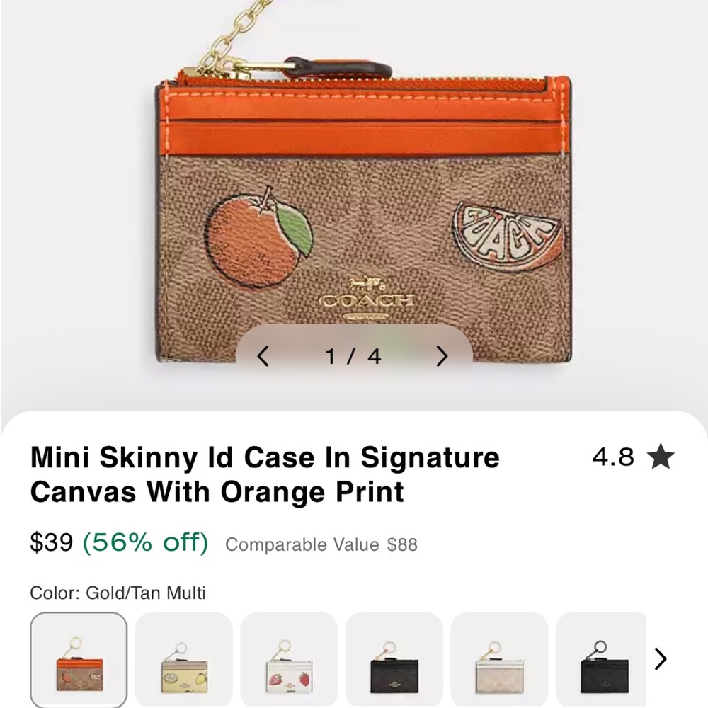 Coach Mini Skinny ID Case with Orange Print coach coin card keychains nwt $129